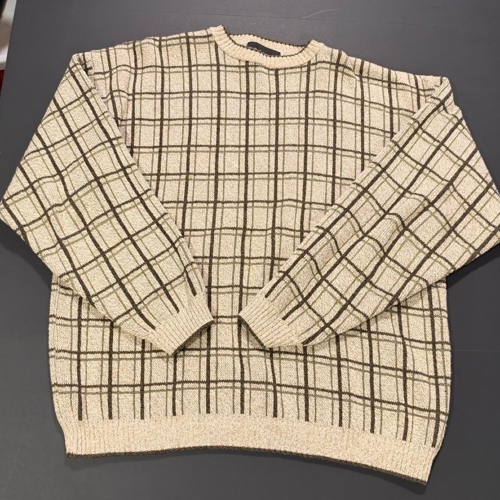 Croft & Barrow Mens XL Plaid Sweater Cream Brown Cotton Blend Made in USA